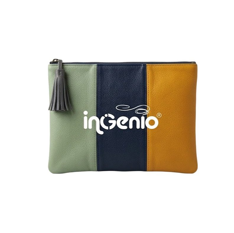Cosmetiquera de cuerina tricolor con borla y logo personalizado - Ingenio-Improtex.